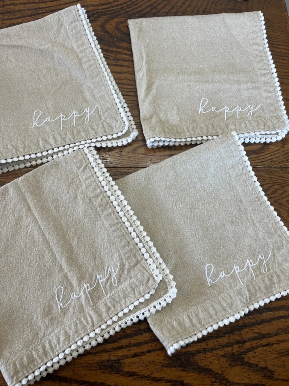 Mud pie Beige 'happy' Embroidered Napkins with Pom Trim - Set of 4